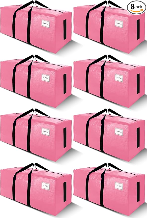 SWEET DOLPHIN 8 Pack 200LB Heavy-Duty Moving Bags with Wrap-Around Handles, Extra Large Storage Totes for Space Saving, Clothes Storage Bags, College Dorm Essentials, Pink, 24 Gal