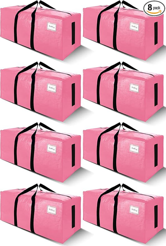 SWEET DOLPHIN 8 Pack 200LB Heavy-Duty Moving Bags with Wrap-Around Handles, Extra Large Storage Totes for Space Saving, Clothes Storage Bags, College Dorm Essentials, Pink, 24 Gal