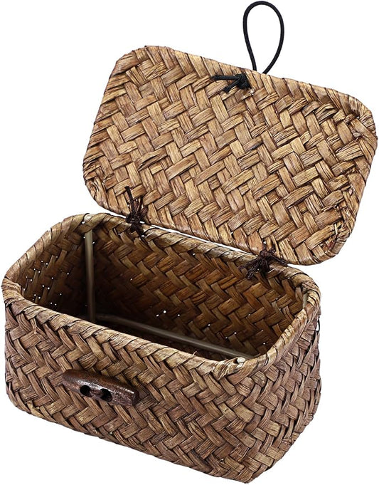 Mini Wicker Basket with Lid, Seagrass Organizer, 4.3"x2.5"x2.1" | Small Wicker Storage Basket Natural Decorative Box for Shelf, Bathroom, Home Decor