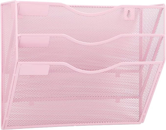 EASEPRES 3 Pocket Mesh Hanging Wall File Organizer, Wall Mounted Mail Paper Document Folder Holder, Clipboard Storage Organization Magazine Rack with Nametag Label for Office Home School, Pink