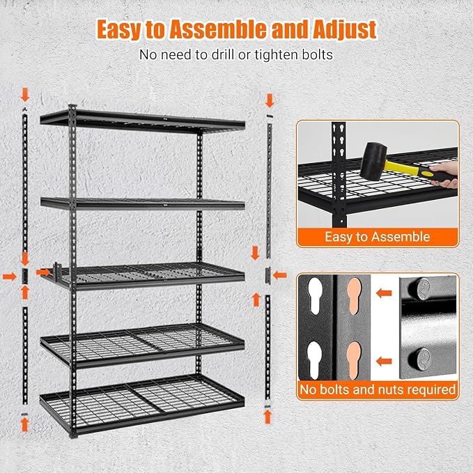 Garage Storage Shelves 5 Tiers, Heavy Duty Storage Shelving Racks with 2500 LBS Capacity, 48 in L x 24 in W x 72 in H Metal Adjustable Utility Shelving Unit for Garage Organization, Basement, Workshop