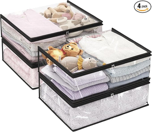 Blanket Storage Bags 4 Pack 35L Clear Plastic Clothes Closet Organizer | Clear Plastic, Zippered Closure, for Clothes Comforters Sweaters Blankets Sheets and Toys, Closet Storage