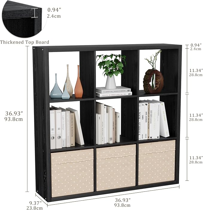 VDNEND Cube Storage Organizer Bookcase, Decorative 11 inch Open Back Cubical Shelf with Thickened Border, Display Bookshelf for Living Room, Home Office, Sturdy Room (Black, 9 Cube)