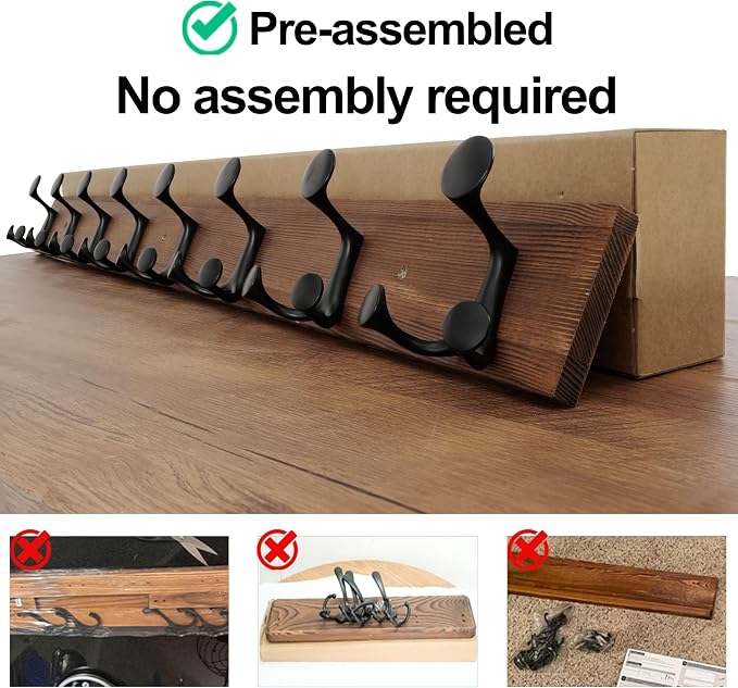 WEBI Coat Rack Wall Mount,43" Solid Wood Coat Hooks Wall Mounted Coat Hanger,16" Hole to Hole,Heavy Duty Hook Rack,8 Triple Hooks for Hanging Coats,Jacket,Hat,Backpack,Farmhouse,Brown,2 Packs