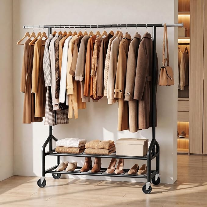 Heavy Duty Clothes Rack, Rolling Clothing Rack Load 650 LBS for Hanging Clothes with 2 Sturdy Shelves, Metal Garment Rack with Wheels for Bedroom, Laundry Room, Retail Store, Black, Large