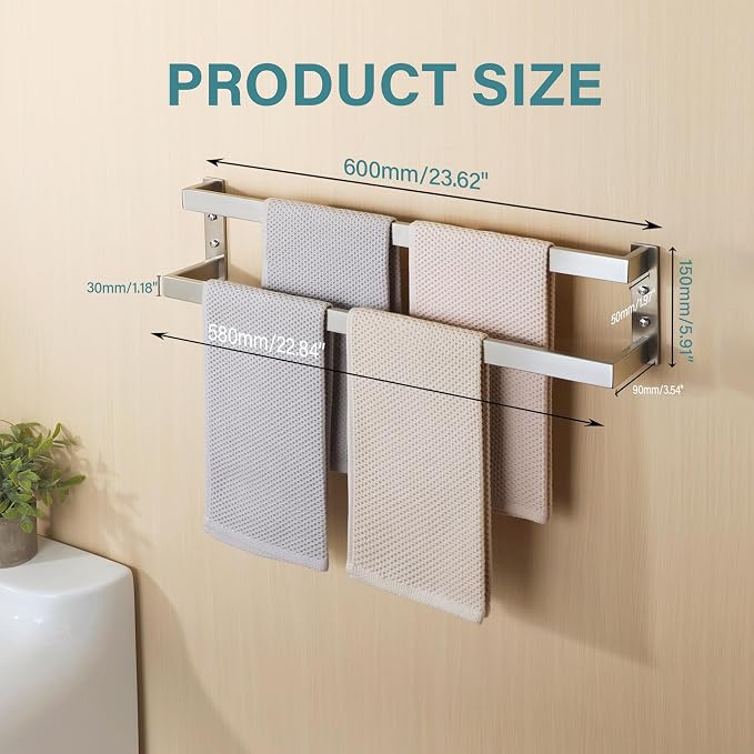 Alise Double Towel Bar, 24" Double Towel Racks for Bathroom, Brushed Nickel | Bathroom Towel Rack Wall Mounted, 3.54" Wide Faster Drying, Ladder Design, SUS304 Stainless Steel