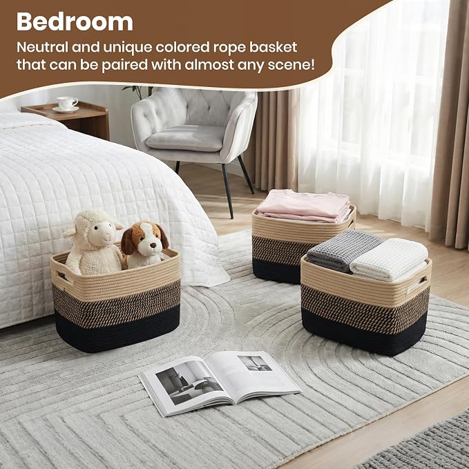 Storage Baskets for Organizing, 14 x 10 x 9” Closet Shelf Woven Baskets, Square Bins with Handles, Cotton Rope Basket for Clothes, Office, Room, Black+Brown 4 Pack