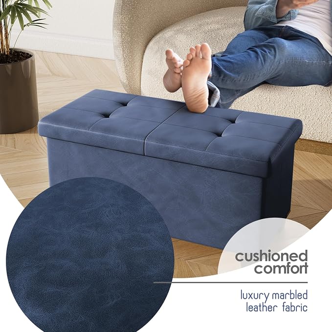 Storage Ottoman Bench with Bins, 30-in Storage Bench for Bedroom End of Bed, Folding Foot Rest Ottoman for Living Room Max 660lbs, Leather Ottomans, Blue