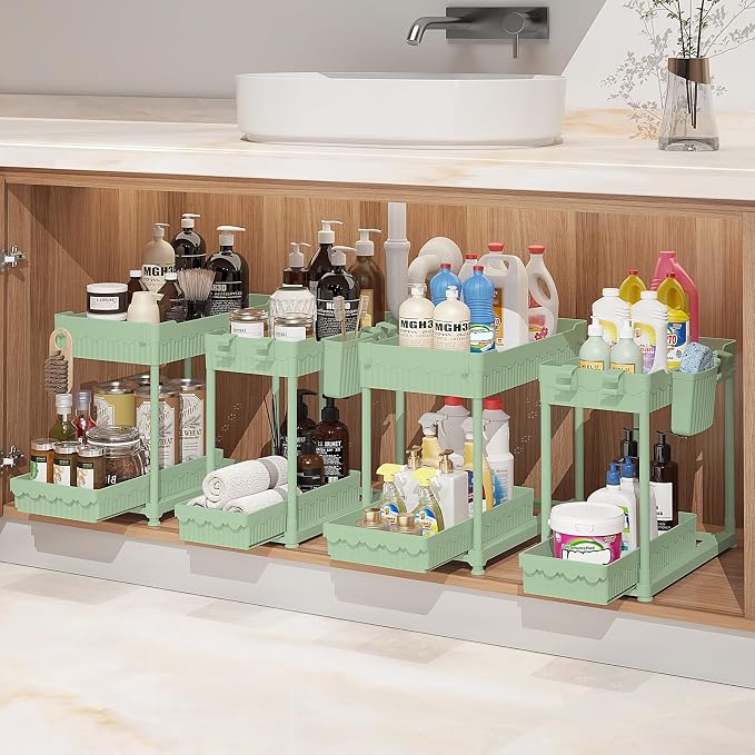 Sevenblue 4-Pack 2-Tier Under Sink Organizer with Pull Out Drawers | Multi-use kitchen & bathroom storage. Includes hanging hooks and cups. Green, space-saving cabinet design. 14.8 Inch