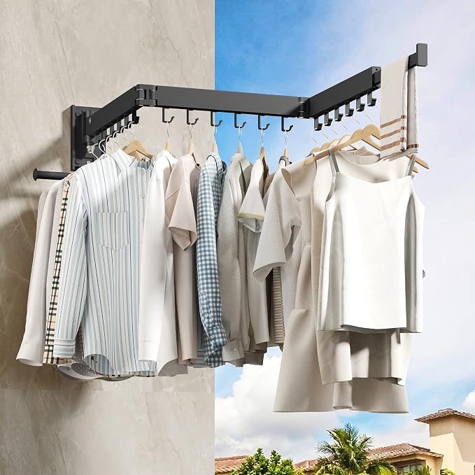 HEILAIYI Wall Mounted Clothes Hanger,Clothes Drying Rack,Laundry Drying Rack,Clothes Rack Wall Mount,Drying Rack Clothing,Laundry Rack,Folding,Retractable,Collapsible,can Fold Upward & Left & Right