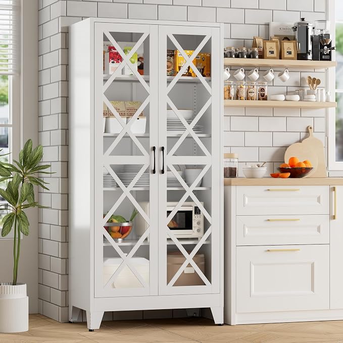 Bevivog 71" Tall Display Cabinet with Glass Doors, Farmhouse Metal Storage Glass Cabinet with 4 Adjustable Shelves, White Vintage Storage Cabinet for Collectibles,Curio, Books, Chinaware, Figures