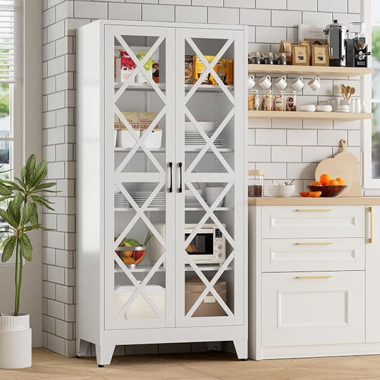 Bevivog 71" Tall Display Cabinet with Glass Doors, Farmhouse Metal Storage Glass Cabinet with 4 Adjustable Shelves, White Vintage Storage Cabinet for Collectibles,Curio, Books, Chinaware, Figures