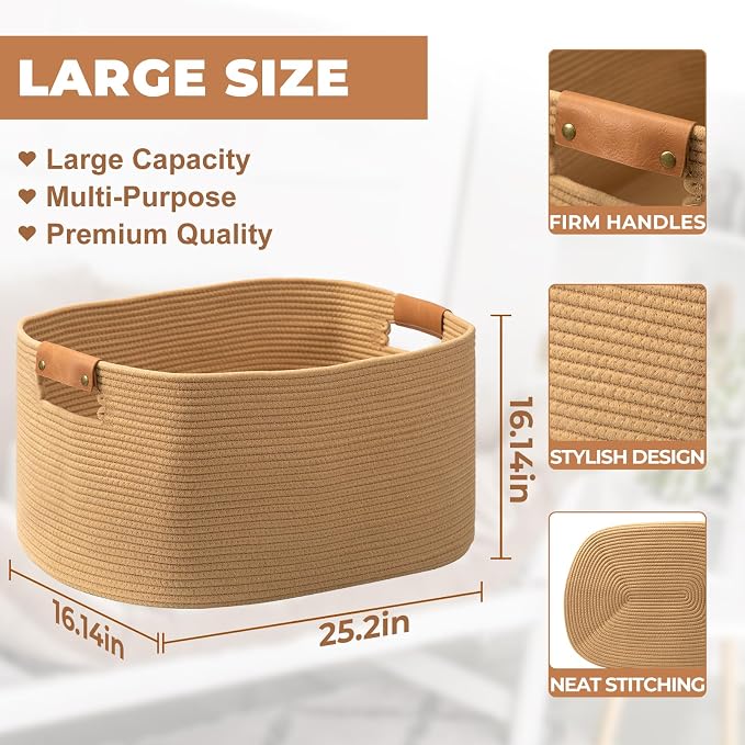 danpinera 108 L Blanket Basket for Living Room, Toy Basket With Leather Handle, Large Storage Bins for Toys, Pillows, Clothes, Rectangle Large Cotton Rope Basket, 25’’*16’’*16’’ Jute
