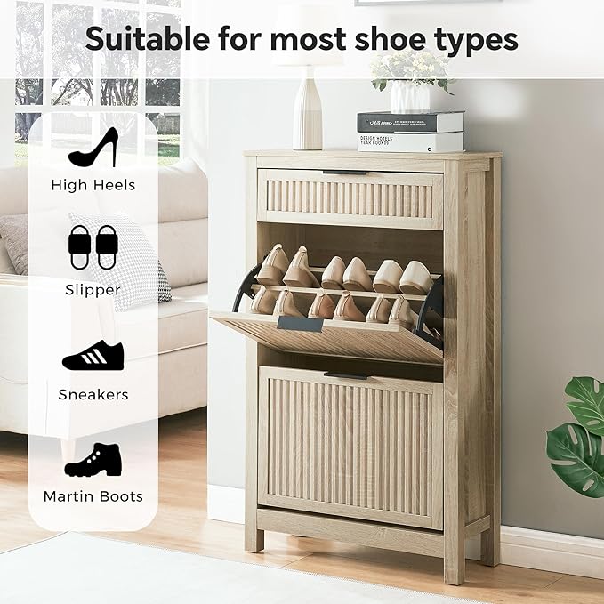 2-Flip Drawer Shoe Cabinet Narrow Entryway Rack, Oak | Vertical Wood Grain, Metal Handles, Adjustable Compartments, Removable Shelf, Anti-Tip Device, for Hallway Foyer Entryway