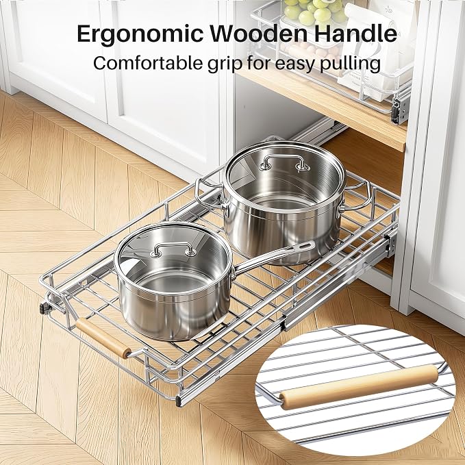 Pull out Cabinet Organizer, 11"W X 21"D, Heavy Duty Smooth Sliding Under Cabinet Shelves for Pots and Pans, Full-Extension Roll out Drawers, Slide out Organization for Home Kitchen Pantry