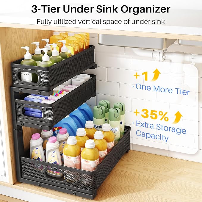 Under Sink Organizer, 3-Tier Thickened Metal Pull out Cabinet Organizer Shelf, Height Adjustable Slide out Storage Drawer Rack for Kitchen Bathroom Pantry Laundry Home Organization, 1-Pack, Black | 35% Extra Storage Capacity, Carbon Steel, Hold Up 55lb...