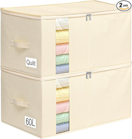 60L Rigid-Sided Blanket Storage Bags, 2 Pack, Beige | Rigid Sides and Bottom, Stackable Design, for Comforters, Quilts, Bedding, Pillows and Clothes, Closet and Dorm Organization