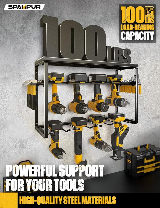 Spampur Power Tool Organizer, 8 Drill Holders Wall Mount, 3 Layer Heavy Duty Metal Storage for Garage Organization, Tools Storage with Hooks, Screwdriver Hammer Holder, Father's Day Mens Birthday Gift | Garage Organization, Tools Storage with Hooks, Sc...