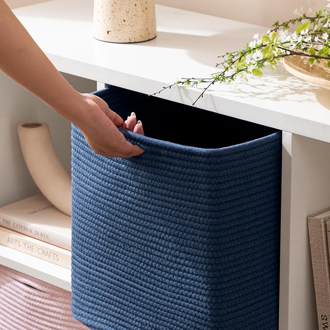 joybest 13inch Cube Storage Bins, Cotton Rope Woven Organizer Basket | Set of 4 Cube Bin Square Shelves Organizer Closet Storage, Nursery, Toy Organization, Navy Blue