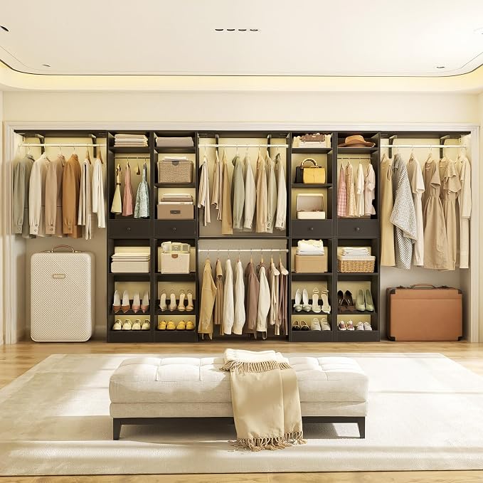 Unikito 10-15FT Closet Systems, Large Wood Walk in Closet Organizer with Hanging Rods and Drawers, Heavy Duty Closets Wardrobe with Shoe Racks, Sturdy Reversible Clothes Closet Kit, Black, Set of 2