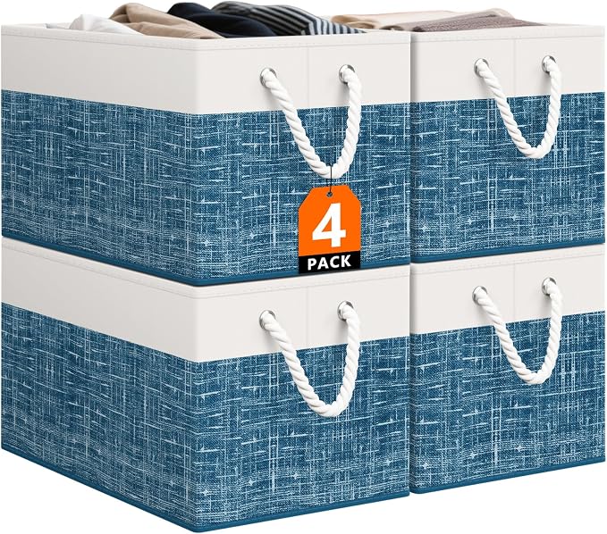 StorageTastic Storage Bin,Collapsible Storage Basket For Organizing, | Large Storage Boxes With Rope Handles,Storage Containers,White & Blue,4 Pack
