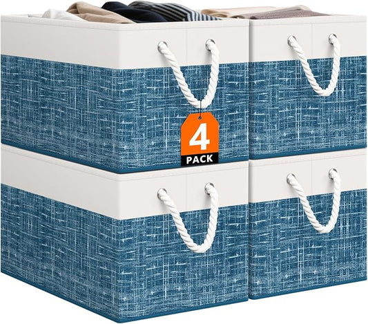 StorageTastic Storage Bin,Collapsible Storage Basket For Organizing, | Large Storage Boxes With Rope Handles,Storage Containers,White & Blue,4 Pack