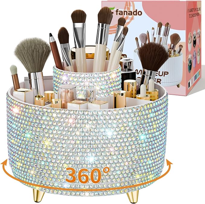 fanado Bling 360° Rotate Makeup Brush Holder Organizer, Makeup Organizers Countertop, Makeup organization and Skincare Storage for Vanity, Gift for Women Girls (Bling dz-White AB)