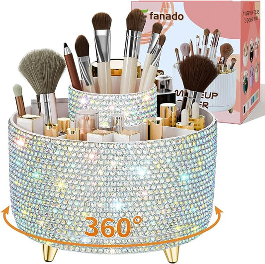fanado Bling 360° Rotate Makeup Brush Holder Organizer, Makeup Organizers Countertop, Makeup organization and Skincare Storage for Vanity, Gift for Women Girls (Bling dz-White AB)