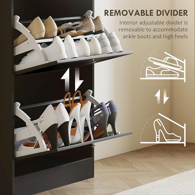 HOMCOM Narrow Shoe Storage Cabinet for Entryway with 3 Flip Drawers and Adjustable Shelves, Shoe Rack Organizer for 18 Pairs of Shoes, Black