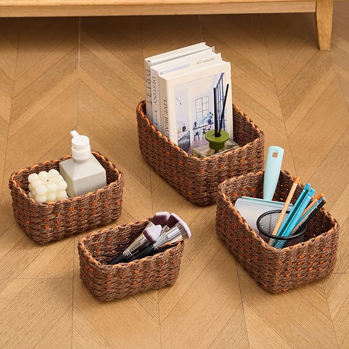 4PCS Woven Storage Baskets Set, Small Baskets for Organizing, Square Handwoven Paper Rope Organizer Bins for Shelves and Home Storage (Brown & Orange)