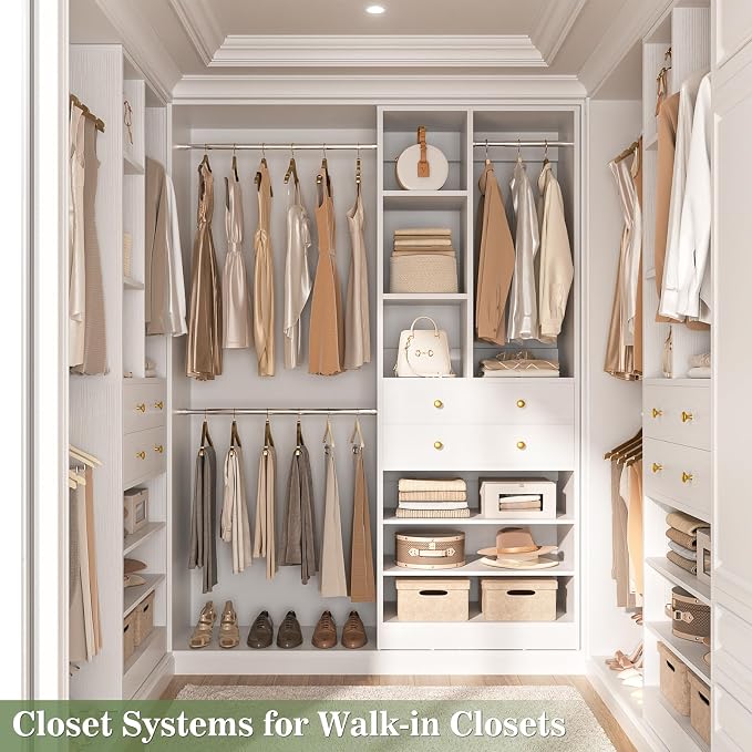 Besiost Closet System, 4.2–8.8 FT Closet Organizer with 2 Wooden Drawers and Shelves, Walk-in Closet System with 5 Hang Rods, Built-in Reach in Closet Tower, Can Fit 60 to 96 inch, White