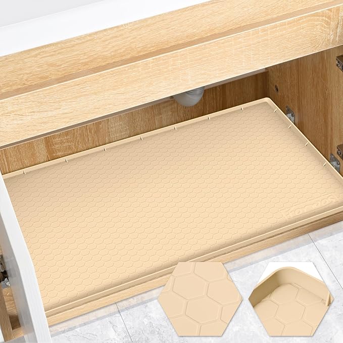 Silicone Under Sink Mat, 28"x19", Waterproof Cabinet Liner, Beige | Shelf Liner, Cabinet Protector, Home Organizer, for Kitchen, Bathroom, Multipurpose, Leak Proof, Easy Clean, Drip Tray, Clean