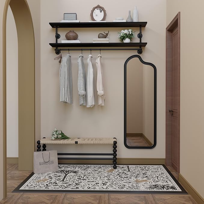Black Clothes Rack 60in, 2-Tier Wall Mounted Garment Rack with Real Wood Shelf, Heavy Duty Hanging Clothes Rack, Multi-Purpose Hanging Rod, Space-Saving Closet Storage