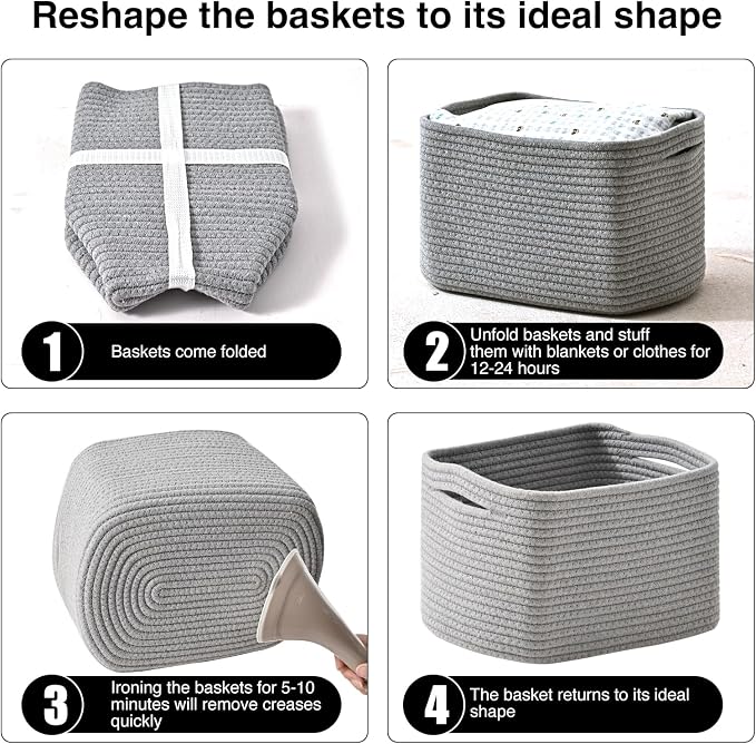 ICERZCZ Small Storage Baskets for Shelves Organizing, Woven Cotton Rope Baskets for Storage, Book Basket, Decorative Shelf Basket, 12.5"Lx9.1''Wx7.9''H (4 Packs) Grey