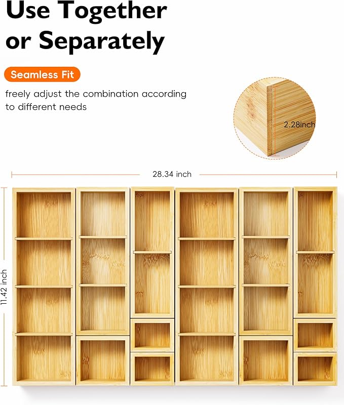12-Piece Bamboo Desk Drawer Organizer Set – Adjustable Storage Boxes with 24 Compartments, Non-Slip, Modular Design for Office, Jewelry, Vanity, and Kitchen Utensil Drawer Storage
