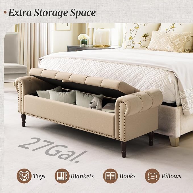 Storage Bench Ottoman, 61" Long King Linen Rolled Arm Bedroom End of Bed Bench, Window Bench with Button Tufted and Nailhead Trim for Foot of Bed Bench, Bedroom, Entryway, Living Room, Wheat