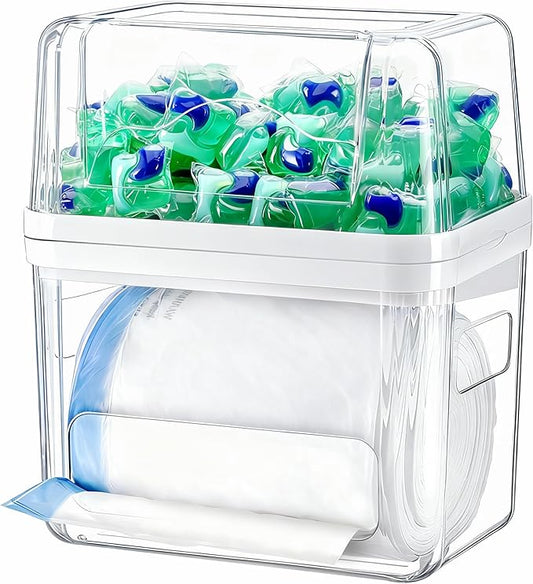 iCASA Trash Bag Dispenser Dishwasher Pods Container Under Sink Organizer | 3 in 1 Stackable Trash Bag Holder Garbage Bag Dispenser for 13/30/33 Gallon Bags, Clear Storage Bins Laundry Pods Container