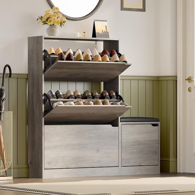 BORNOON Shoe Cabinet with Bench and 3 Flip Drawers, Slim Narrow Shoe Storage Cabinet, Freestanding Shoe Rack Organizer with Adjustable & Removable Shelves, Anti-Tip for Entryway, Hallway, Foyer