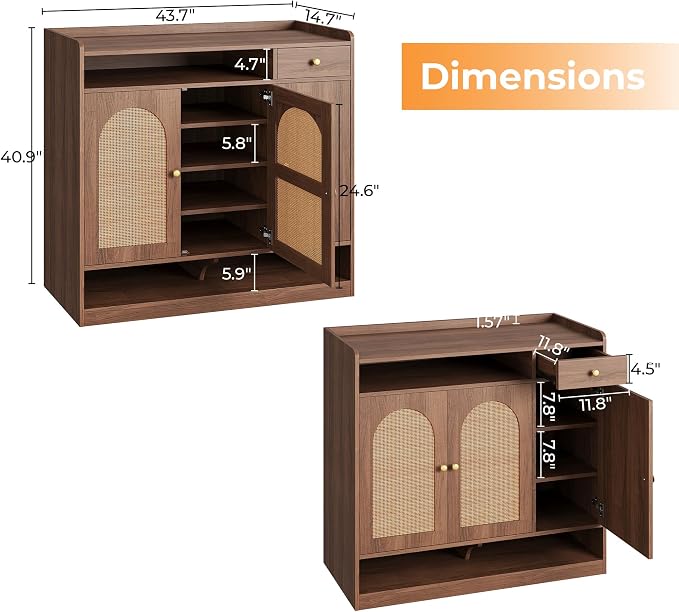 LIKIMIO Rattan Shoe Cabinet with 6-Tier Storage, 3 Doors & LED Light | 30 Pairs Shoe Storage Cabinet with Drawer, Adjustable Shelves, Shoe Rack Organizer for Entryway, Living Room, Walnut