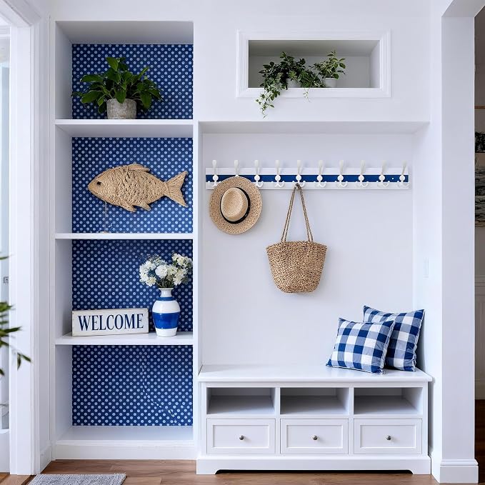 SKOLOO Coastal Coat Rack Wall Mount-38-1/8 Beach House Entryway Wooden Coat Hook with 10 Hooks for Hanging Coats, Hats or Towels, Oceanfront Cottage Core Collection, White & Blue, Pack of 2