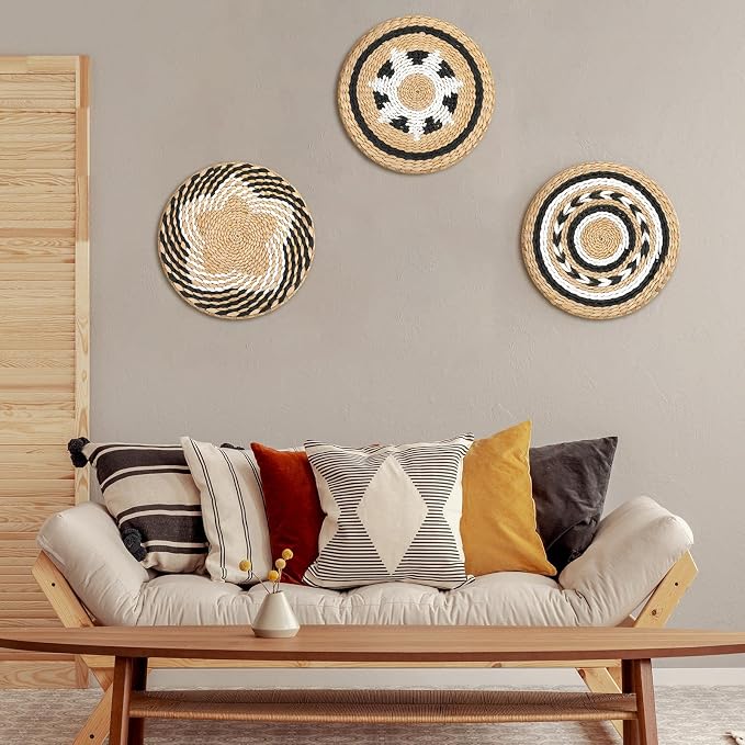 Glenmal 3 Pcs Boho Wall Basket Decor Decorative Bulrush Woven Basket Wall Decor Art Farmhouse Handmade Hanging Baskets with African Design for Living Room Display Table Settings Kitchen Home(Vivid)