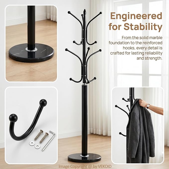 12 Hooks Metal Coat Rack Freestanding Coat Tree with Marble Base, Heavy Duty Coat Rack Stand for Clothes Hats Bags, Coat Hanger Stand for Corner Entryway Bedroom Office (Black)