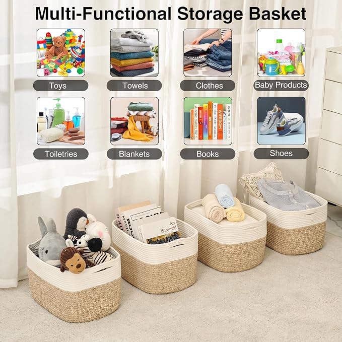 ICERZCZ Storage Baskets for Organizing & Shelves, Woven Cotton Rope Organization Bins for Dog Toys, Clothes, Books, Nursery Organizer, 15"Lx11''Wx9.5''H, (4 Packs) Off White & Brown