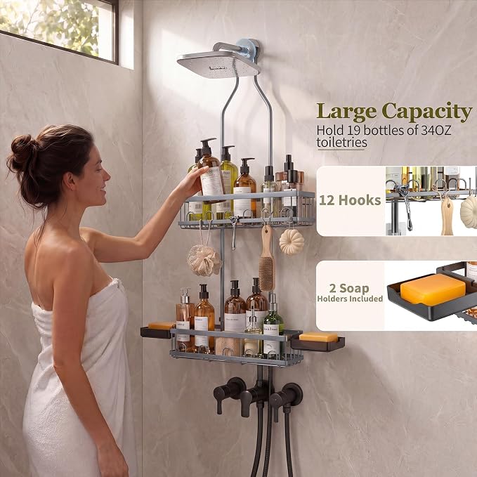 Skyapex Shower Caddy Hanging: Adjustable Height Organizer for Over Showerhead - Rustproof Shower Shelves with Hooks & 2 Soap Holders