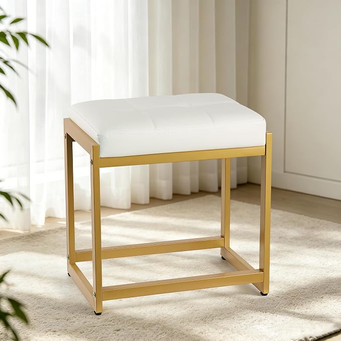 Vanity Stool, Vanity Chair Stools with Reinforced Metal Legs, Faux Leather Upholstered Ottoman Bench for Bedroom, Living Room, Small Modern Makeup Chairs for Dressing Table, White&Gold