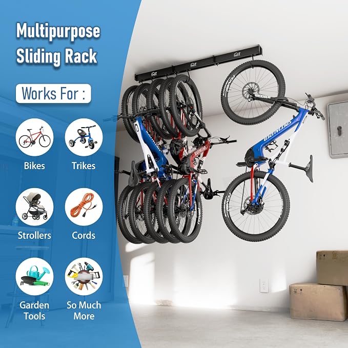 USA Based Ceiling Bike Rack Garage Storage Mount, Bicycle Hanger For Up To 6 Bikes, Sliding 51" Heavy Duty Hook Racks With Padded Hanging Mounts, Hooks Hangers (Black, 3 Rails - 6 Hooks)