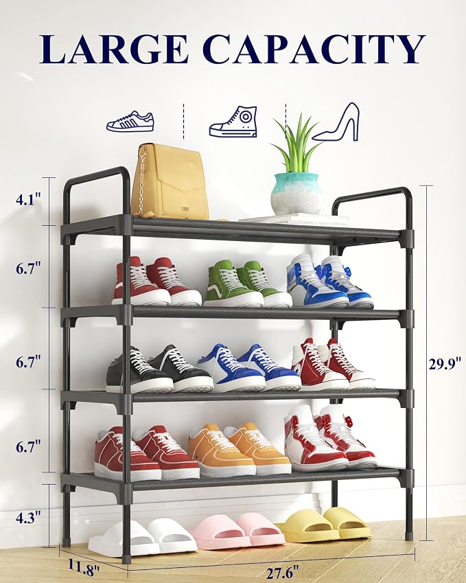 Kitsure Shoe Rack for Closet, Shoe Storage, 27.6" Wide - 4 Tiers, Black | Shoe Organizer for Closet, Entryway, Living Room, Space-Saving Shoe Shelf, Sturdy Zapateras Organizer