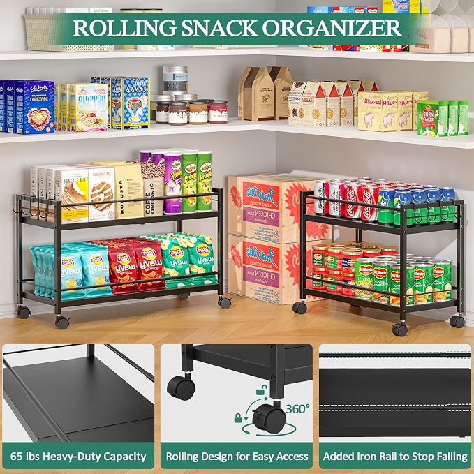 2-Tier Expandable Rolling Pantry Cart with Wheels, Adjustable Floor Organizer for Kitchen Pantry, Can Organizer for Pantry, Storage Cart for Snack, Food, Vegetables, Black, Patent Pending