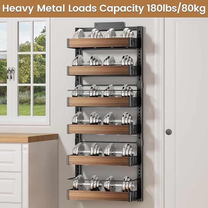 POKIPO 6 Tier Over The Door Pantry Organizer, 2-in-1 Door Hanging or Wall Mounted Spice Rack, Large Heavy Duty Pantry Door Storage Seasoning Shelves with Adjustable Basket for Kitchen Bathroom Closet