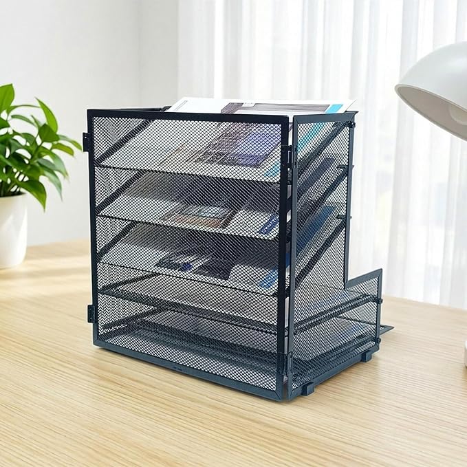 SETTFRFE 5-Tier Metal Desk File Organizer, File Tray Rack | 3 Slanted+2 Horizontal Paper File Holder for Office Supplies,Multi Layer Letter Tray,Home Office Desktop Storage Rack,Black